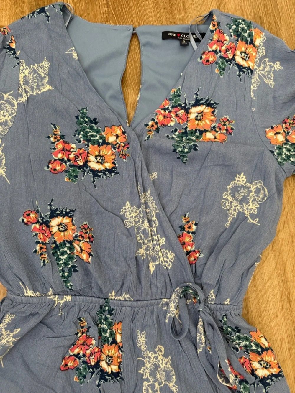 NWT Women’s Blue Floral Wrap-Front One-Piece Romper, Size Small